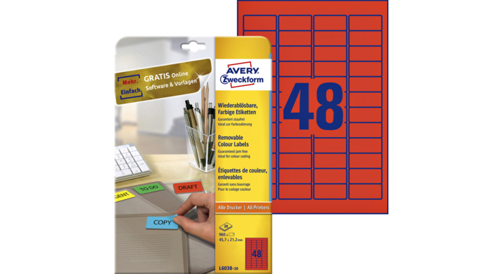 Etiket avery l603820 45.7x21.2mm rood 960st