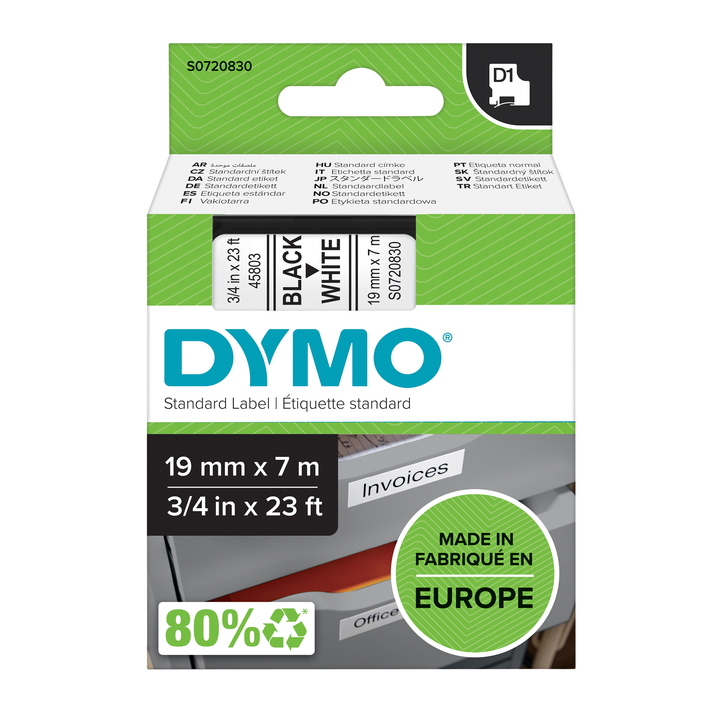 Dymo D1, labeltape, 19mm x 7mtr, zwart op wit, 45803 - 0
