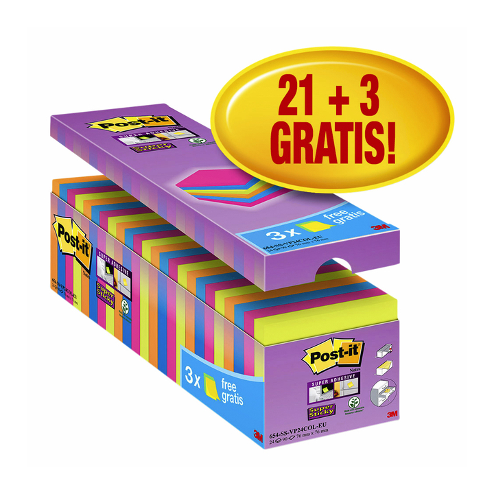 Memoblok 3m post-it ss 654 76x76mm 21+3 gratis ass(710007973 - 0