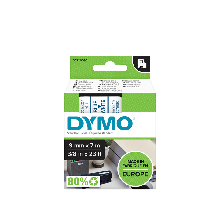 Lettertape dymo 40914 1000/5000 9mmx7m wit/blauw - 0