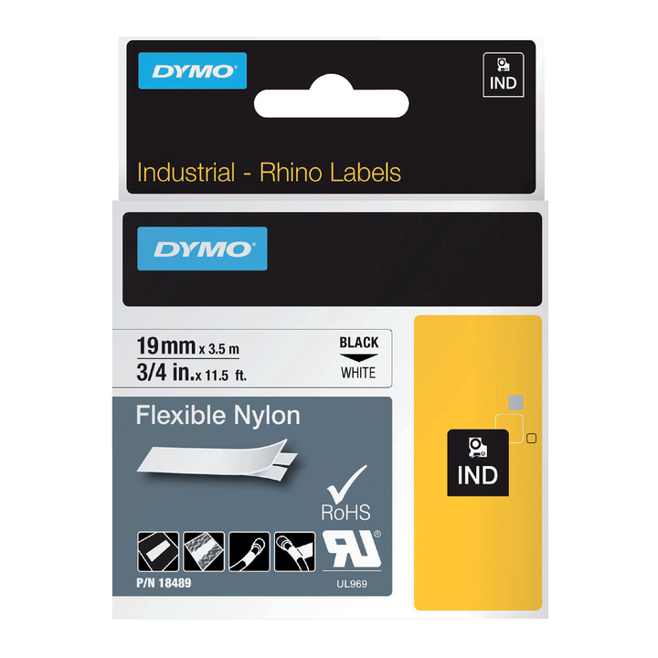 Labeltape dymo 18489 19mmx3.5m rhino wit/zwart(18489) - 0