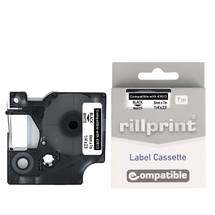 Lettertape compatible dymo 43613 6mmx7m wit/zwart - 2