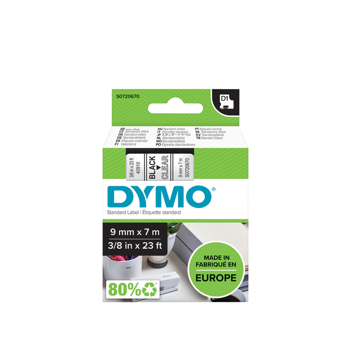 Lettertape dymo 40910 1000/5000 9mmx7m transp/zwar - 0