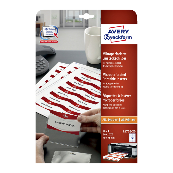 Badge avery l4726-20 40x75mm 240st perf(l4726-20) - 0