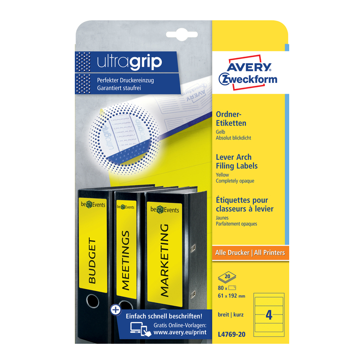 Rugetiket avery l4769-20 192x61mm geel 80st - 0
