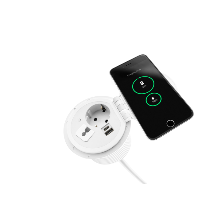 Filex, QI Power-Spot, 1x 230v, 1x USB A+C, doorvoer, wit - 0