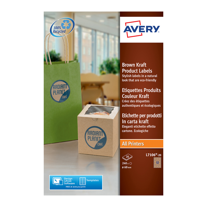 Etiket avery l7106-20 60mm bruin 240st(l7106-20) - 0