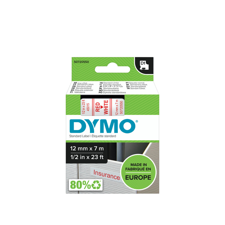 Lettertape dymo 45015 1000 12mmx7m wit/rood - 0