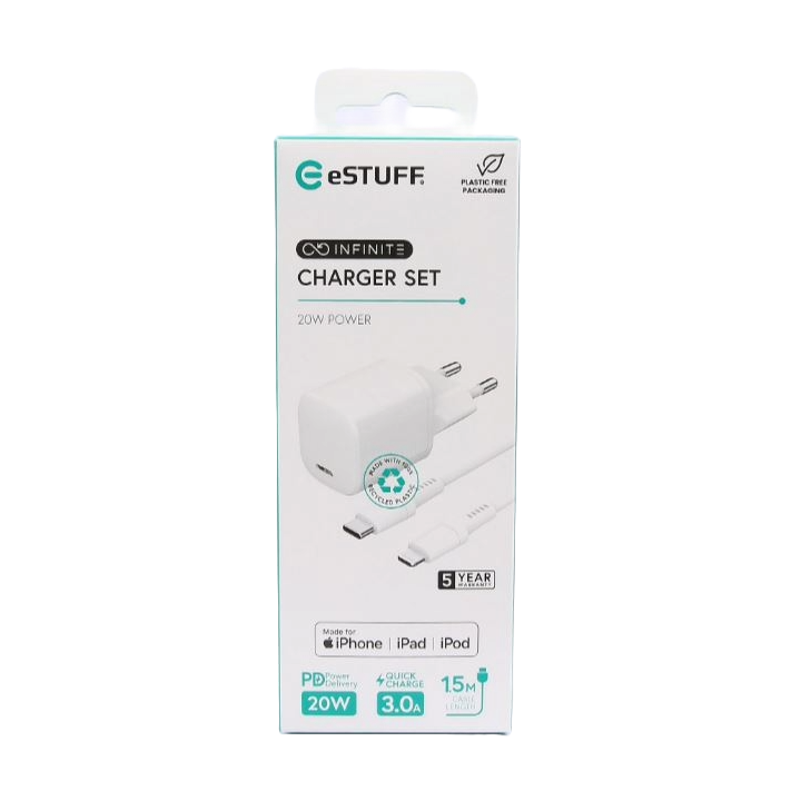 Opladerset PD 20W EU-stekker + 1,5m USB-C naar Lightning, wit - 1