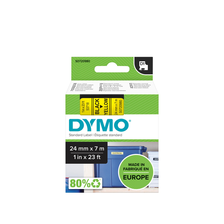 Lettertape dymo 53718 d1 24mmx7m poly zwart/geel - 0