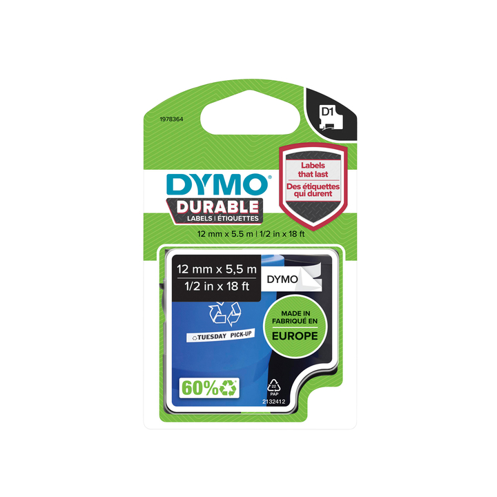 Labeltape dymo 1978364 12mmx5.5m d1 wit/zwart(1978364) - 0