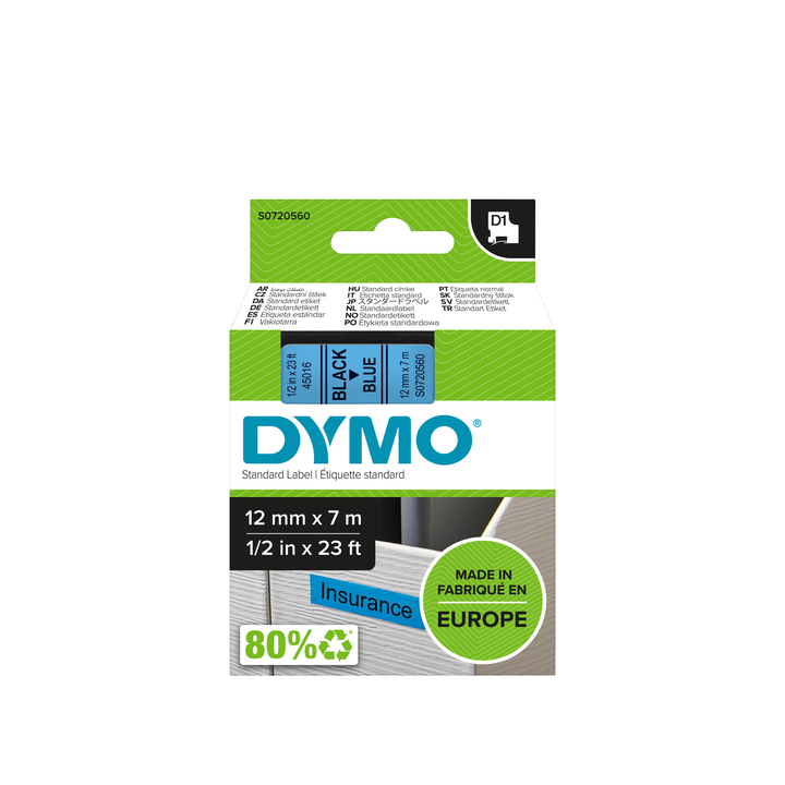 Lettertape dymo 45016 1000 12mmx7m blauw/zwart - 0