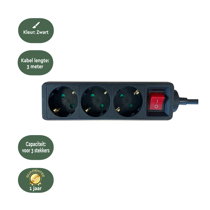 Stekkerdoos brasq  3 voudig 3 meter zwart(8742607) - 2