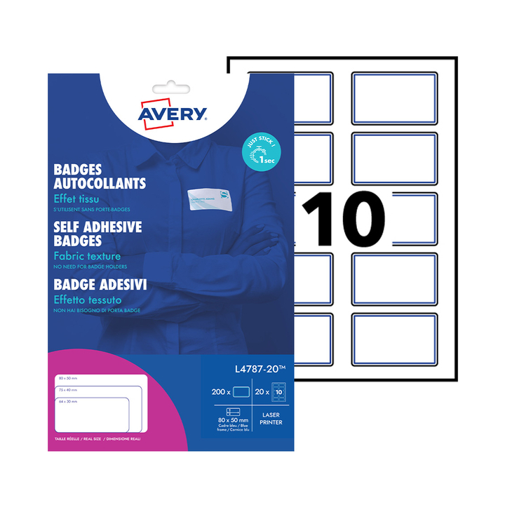 Badge avery l4787-20 80x50mm 200st blauw kader(l4787-20) - 1
