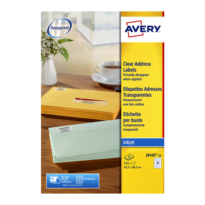 Etiket avery j8560-25 63.5x38.1mm 525st transp - 0