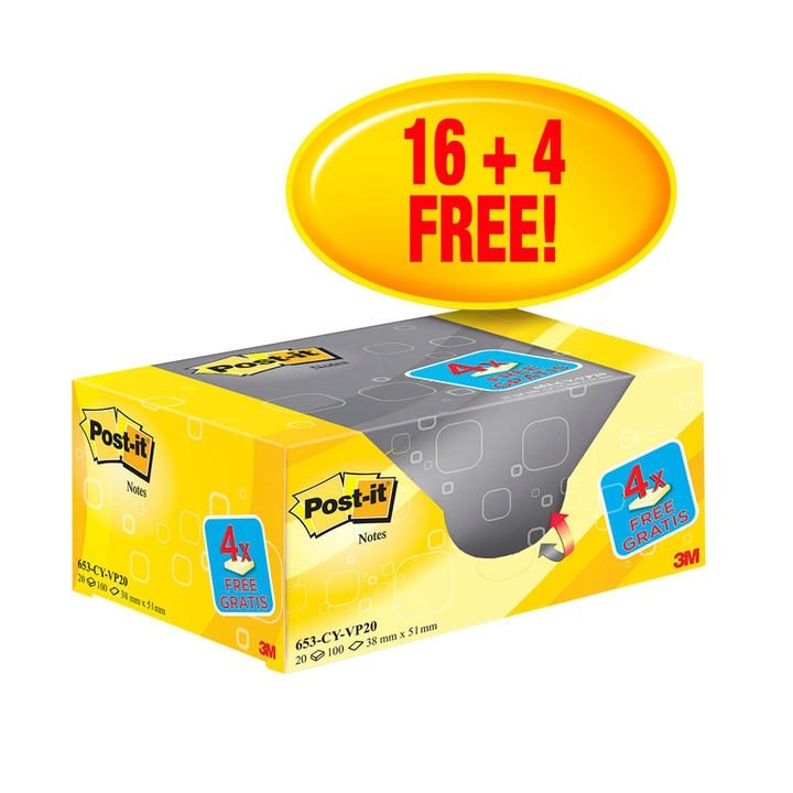 Memoblok 3m post-it 653 38x51mm geel 16 + 4 gratis(653y20) - 0