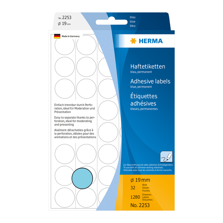 Etiket herma 2253 rond 19mm 1280st blauw - 0