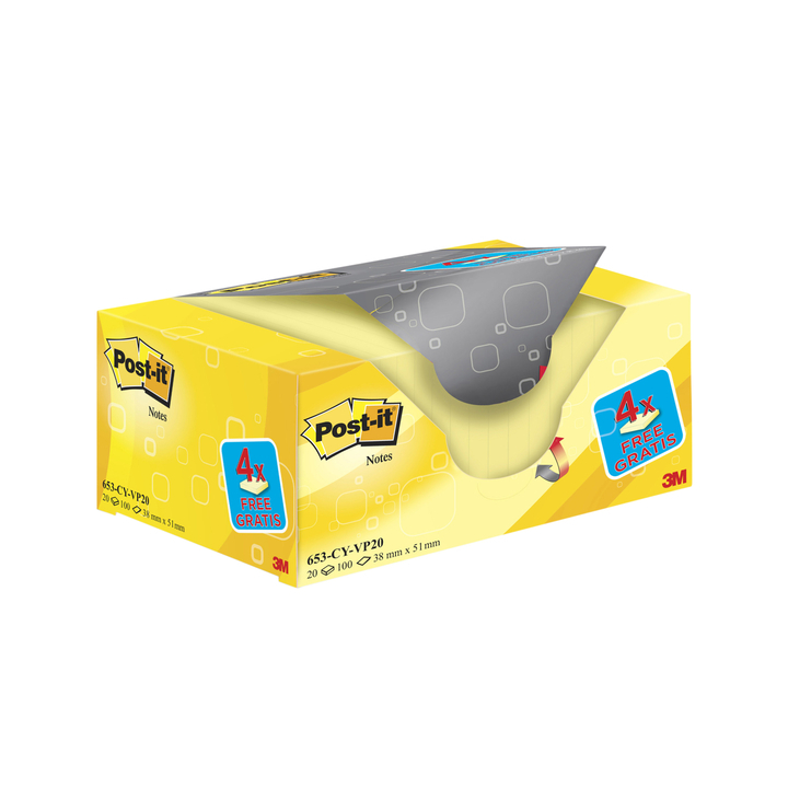 Memoblok 3m post-it 653 38x51mm geel 16 + 4 gratis(653y20) - 1