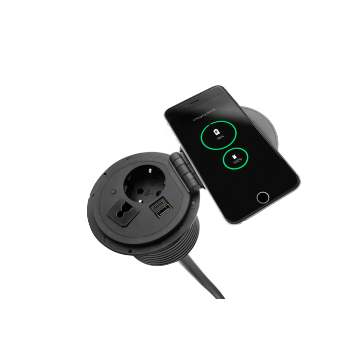 Filex, QI Power-Spot, 1x 230v, 1x USB A+C, doorvoer, zwart - 0
