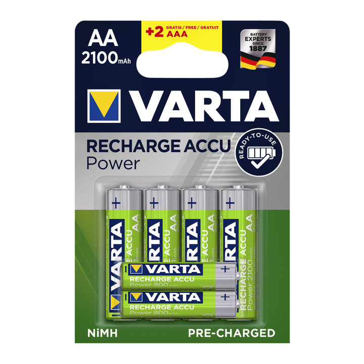 Batterij oplaadbaar varta 4xaa 2100mah ready2use(56706101496 - 0