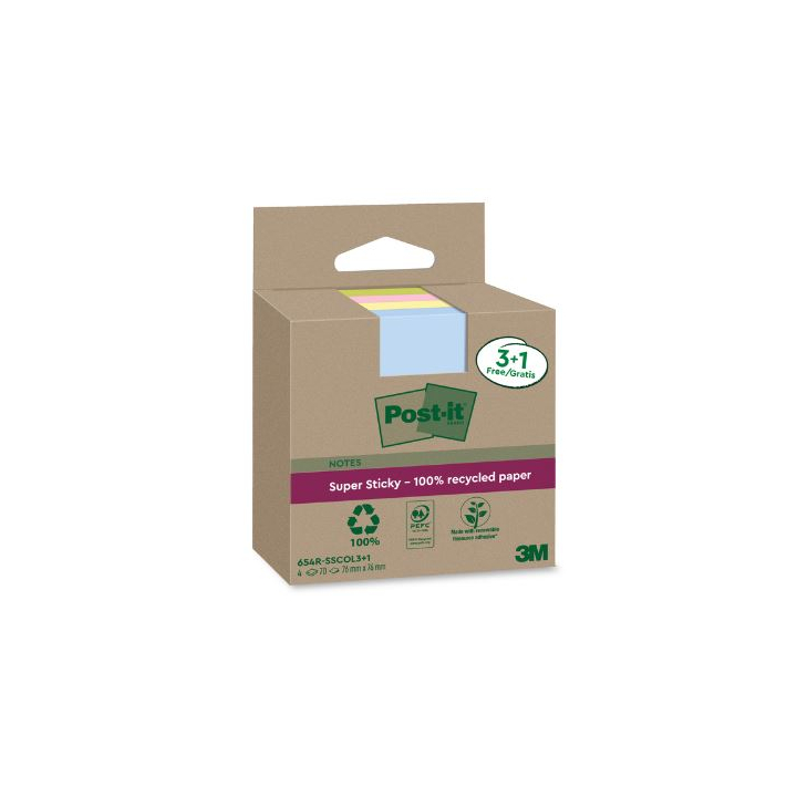 Memoblok ,3m post-it 654 Recycled Super Sticky Notes, 76x76mm - 0