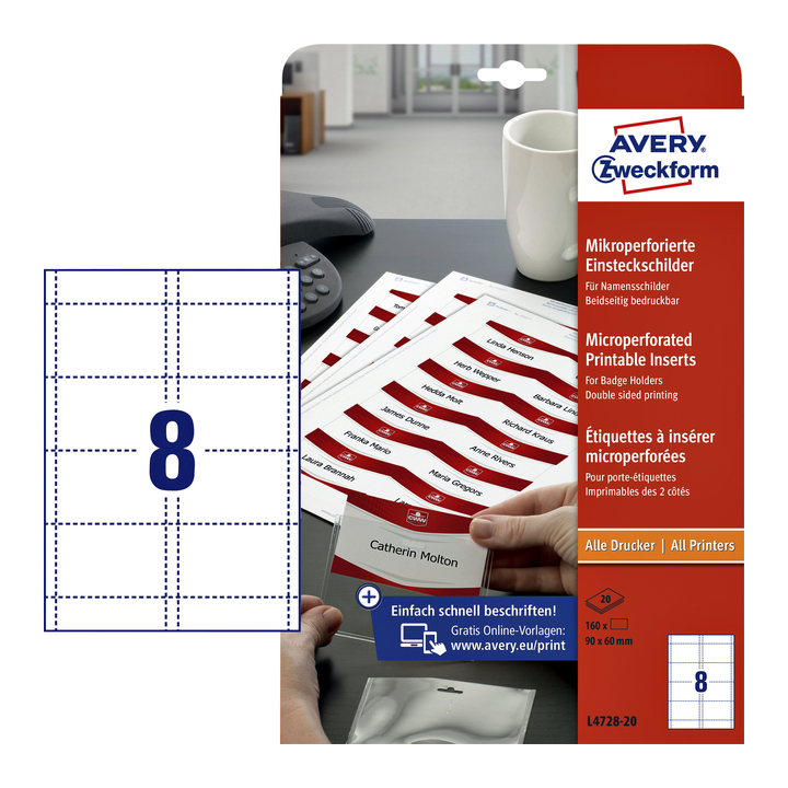 Avery L4728-20, badgekaart, 60x90mm, 20 vel, microperforatie - 0