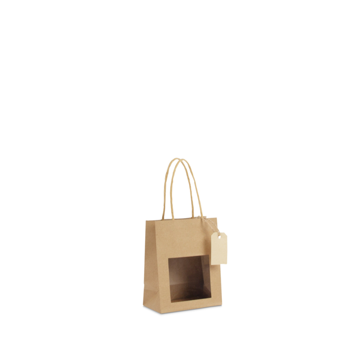 Cadeau-tas, 11,5+6,4x14,5cm, venster en label, bruin (100st) - 0