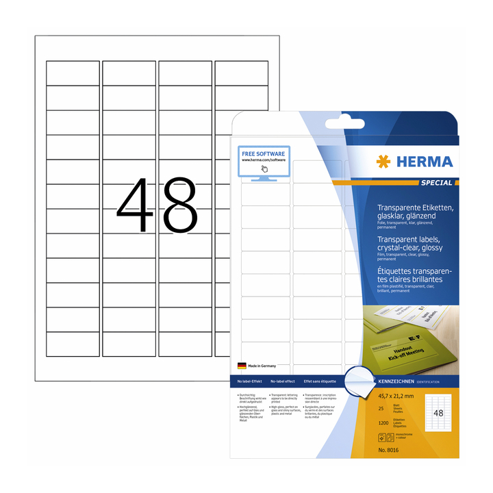 Etiket herma 8016 45.7x21.2mm transparant a4 1200st(8016) - 0