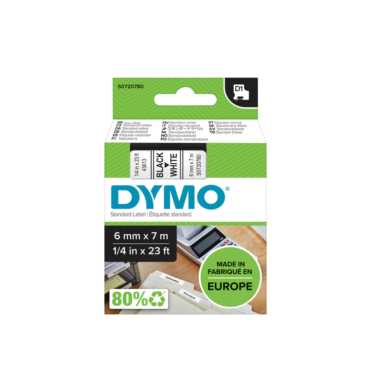 Lettertape dymo 43613 1000/5000 6mmx7m wit/zwart - 0