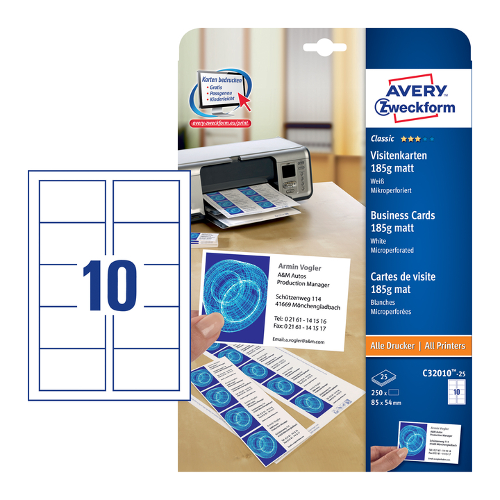 Visitekaart avery c32010-25 85x54mm 185gr 250st - 0