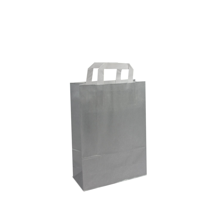 Draagtas, papier, 22+10x31cm, platte lus, zilver (250 stuks) - 0