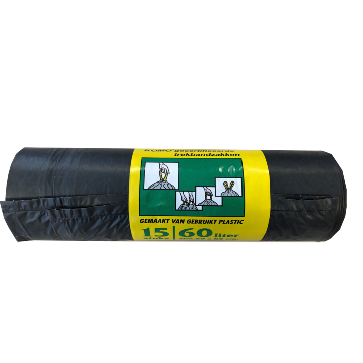 KOMO | Vuilniszak Met Trekband | LDPE | 60x80cm | 60 Liter | T60 | Zwart (20 rollen x 15 zakken) - 0