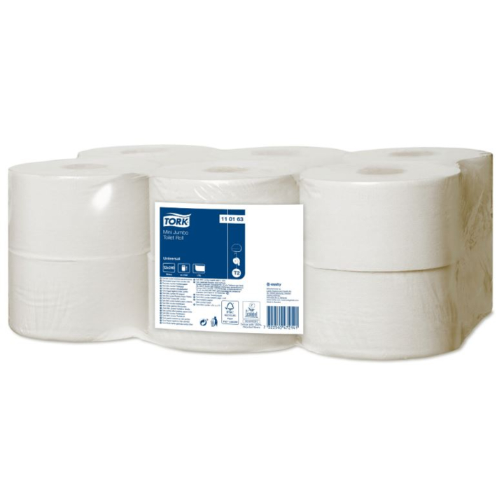 Tork Universal | Mini Jumbo Toiletpapier | 240 Meter | 1-Laags | T2 | Wit | 110163 (12 stuks) - 0