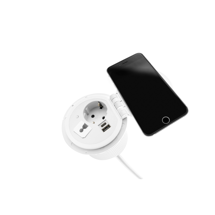 Filex, QI Power-Spot, 1x 230v, 1x USB A+C, doorvoer, wit - 1