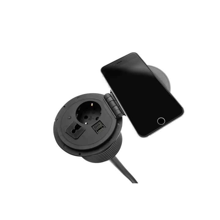 Filex, QI Power-Spot, 1x 230v, 1x USB A+C, doorvoer, zwart - 1