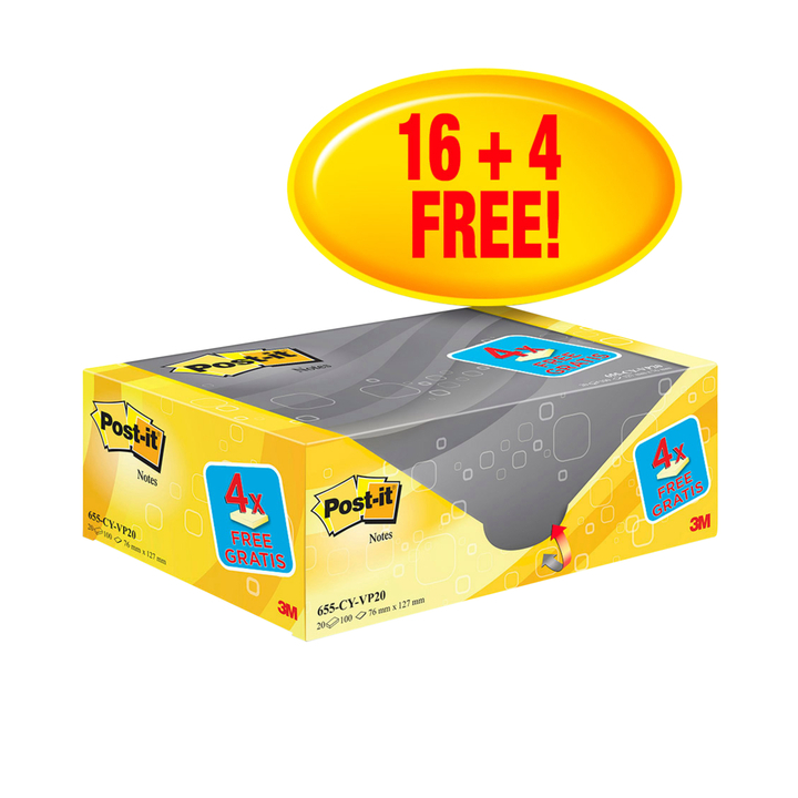 Memoblok 3m post-it 655 76x127mm geel 16+4 gratis(655y20) - 0