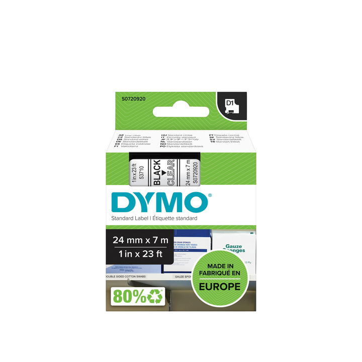 Lettertape dymo 53710 d1 24mmx7m poly zwart/transp - 0