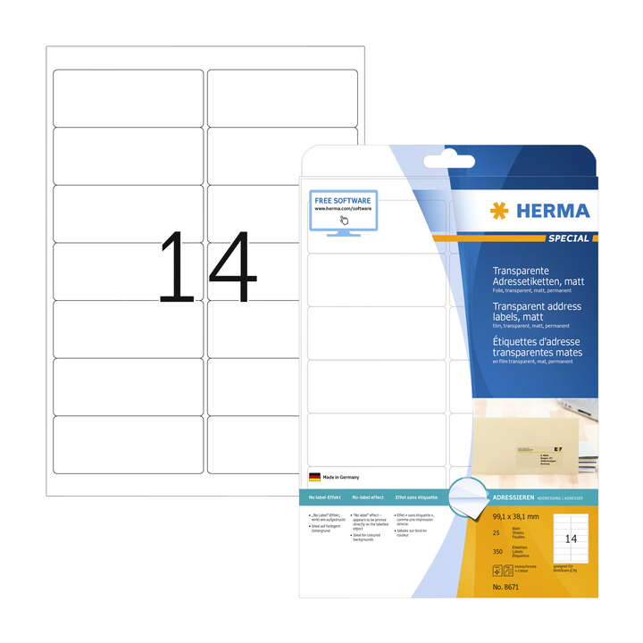 Etiket herma 8671 a4 99.1x38.1mm transparant 350st(8671) - 0