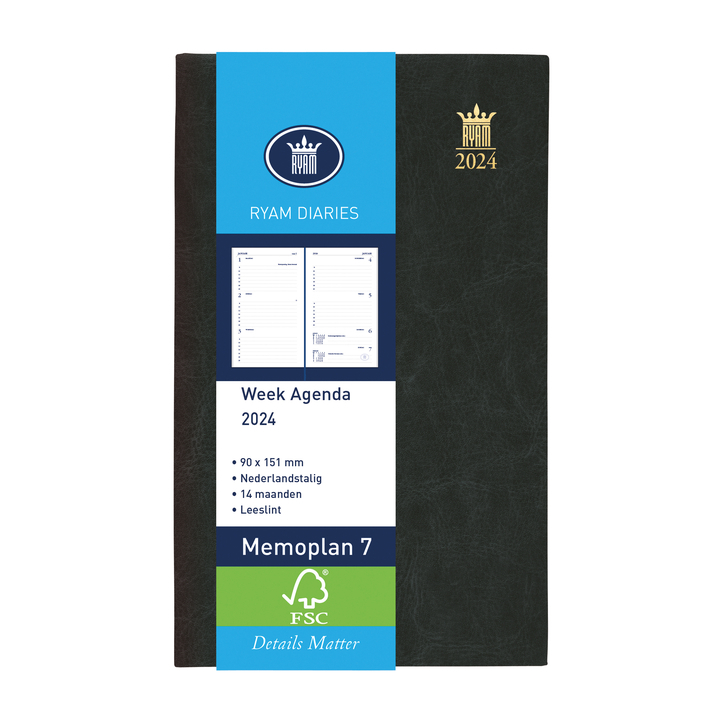 Agenda ryam memo 7 stnd suprema zwart of bl 2025, 90x155mm - 0