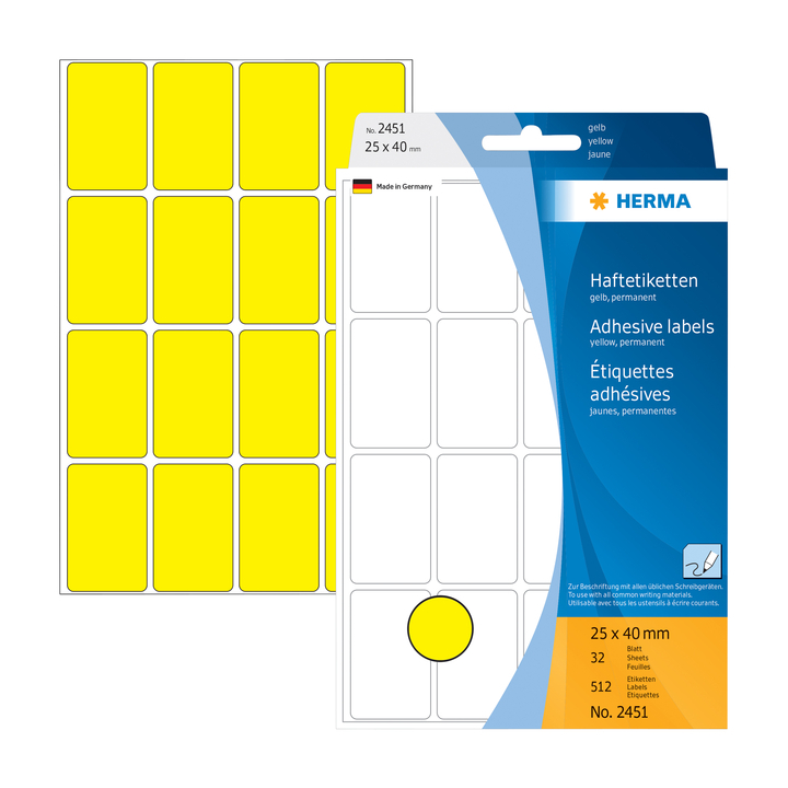 Etiket herma 2451 25x40mm 512st geel - 0