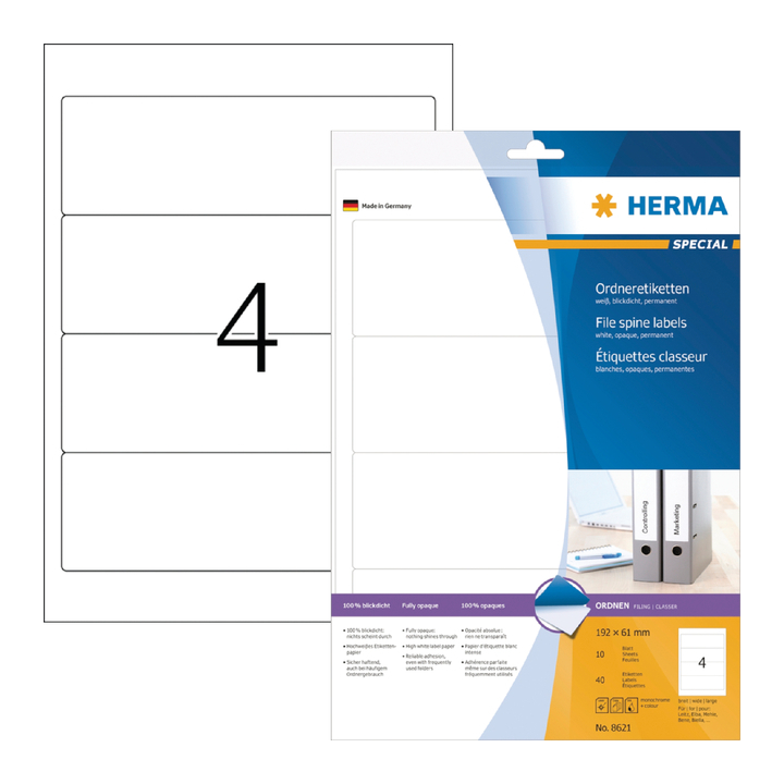 Etiket herma 8621 192x61mm a4 40st wit(8621) - 0