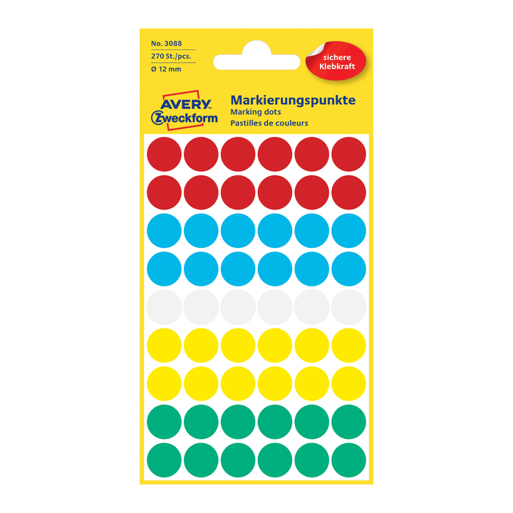 Etiket avery zweck 3088 12mm assorti 270st - 0