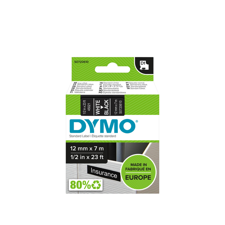 Dymo D1, labeltape, 12mm x 7mtr, wit op zwart, 45021 - 0