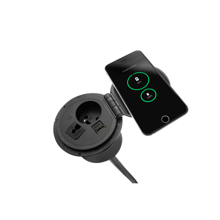 Filex, QI Power-Spot, 1x 230V Frans, 1x USB A+C, zwart - 0