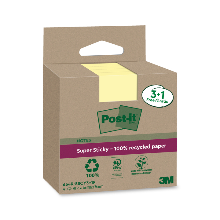 Memoblok 3m post-it 654 rsscol 76x76mm geel 3+1(654 rsscy 3+ - 0