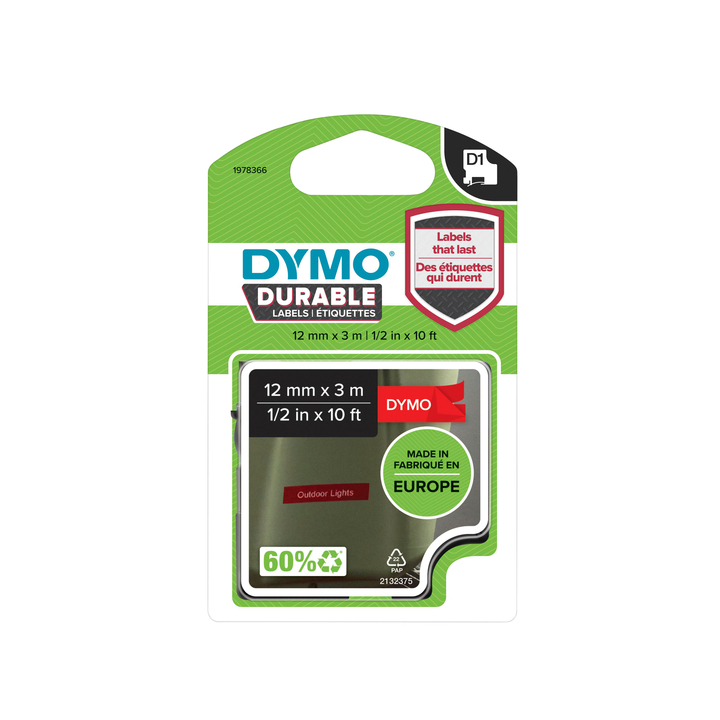 Labeltape dymo 1978366 12mmx3m d1 rood/wit(1978366) - 0