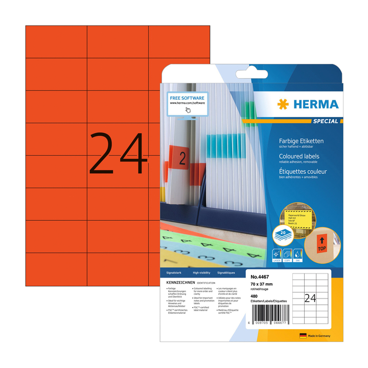 Etiket herma 4467 70x37mm verwijderbaar rood 480st(4467) - 0