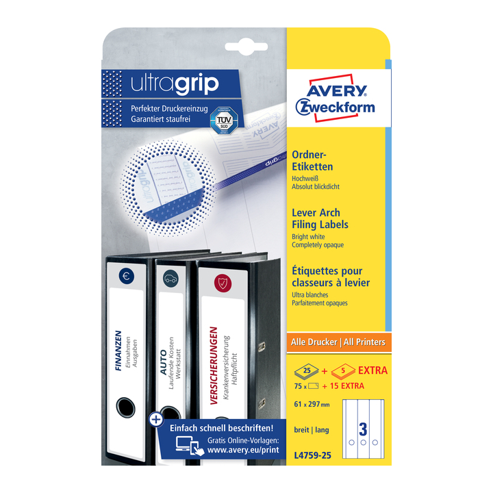 Rugetiket avery l4759-25 297x61mm + gat 75st - 0