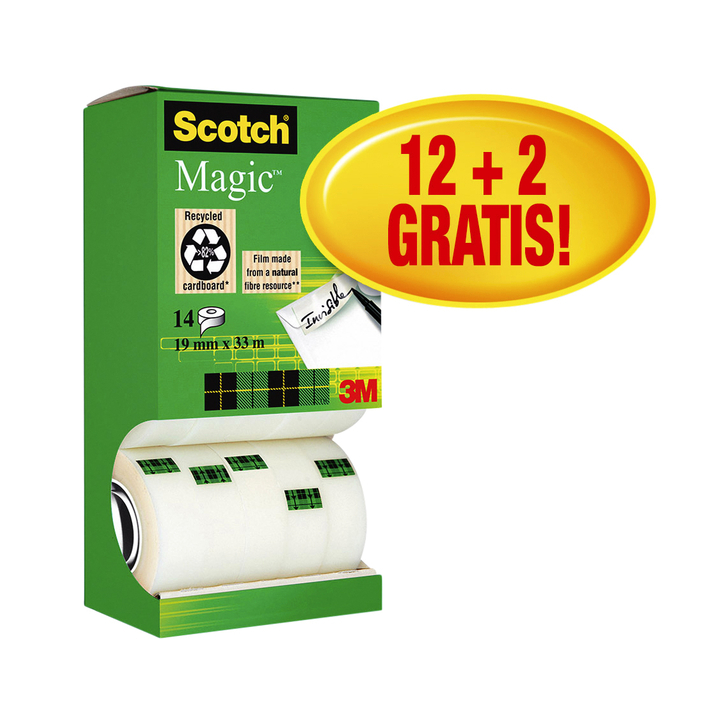 Scotch Magic, onzichtbaar plakband, 19mm x 33mtr, mat (12+2) - 0