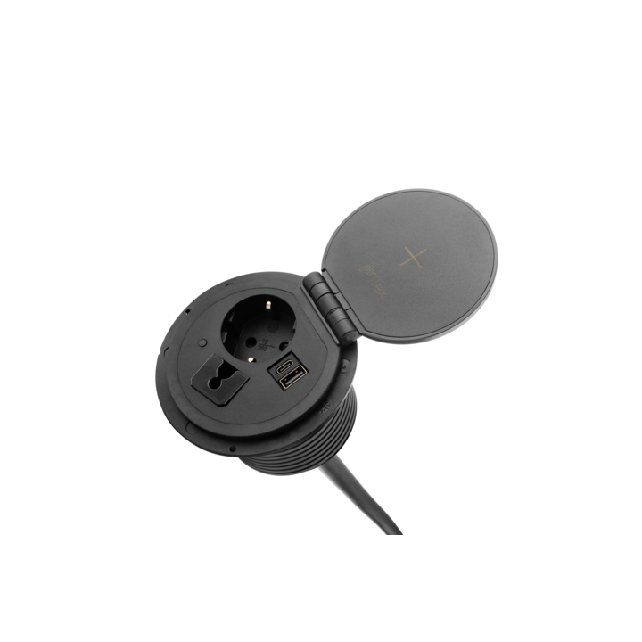 Filex, QI Power-Spot, 1x 230v, 1x USB A+C, doorvoer, zwart - 2
